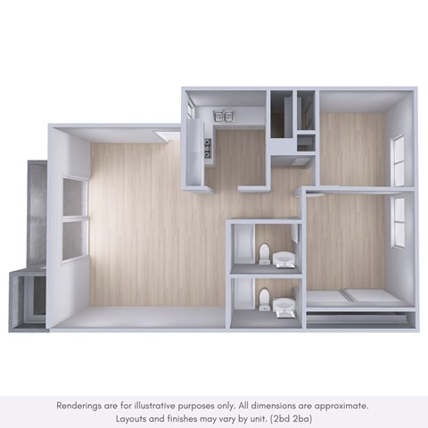 Floor plan for 2 beds, 2 baths, 945 sqft